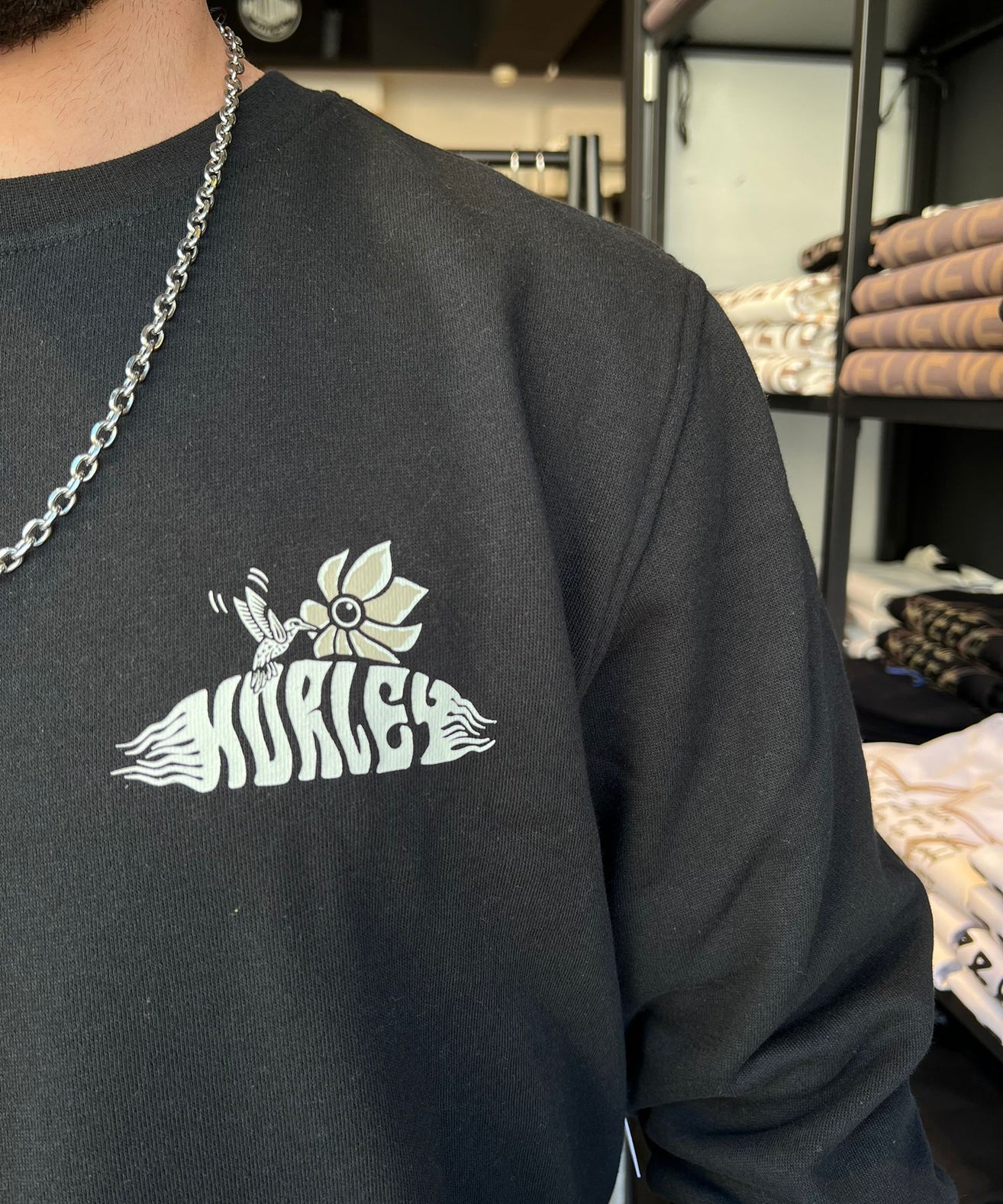 הארלי - פוטר שרוול ארוך שחור H010 MFT0012360 / FLOWER FISH FLEECE CREW