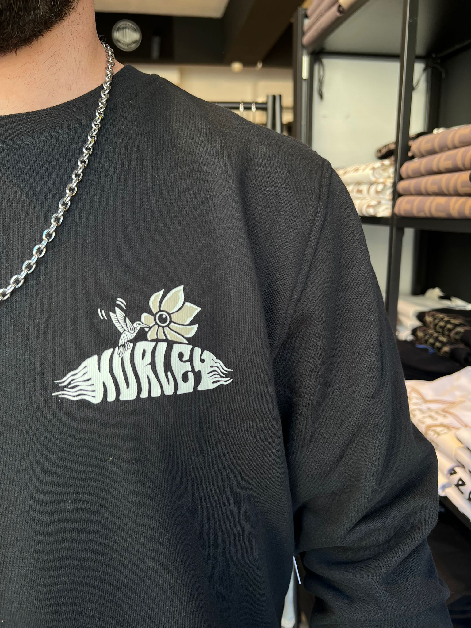 הארלי - פוטר שרוול ארוך שחור H010 MFT0012360 / FLOWER FISH FLEECE CREW