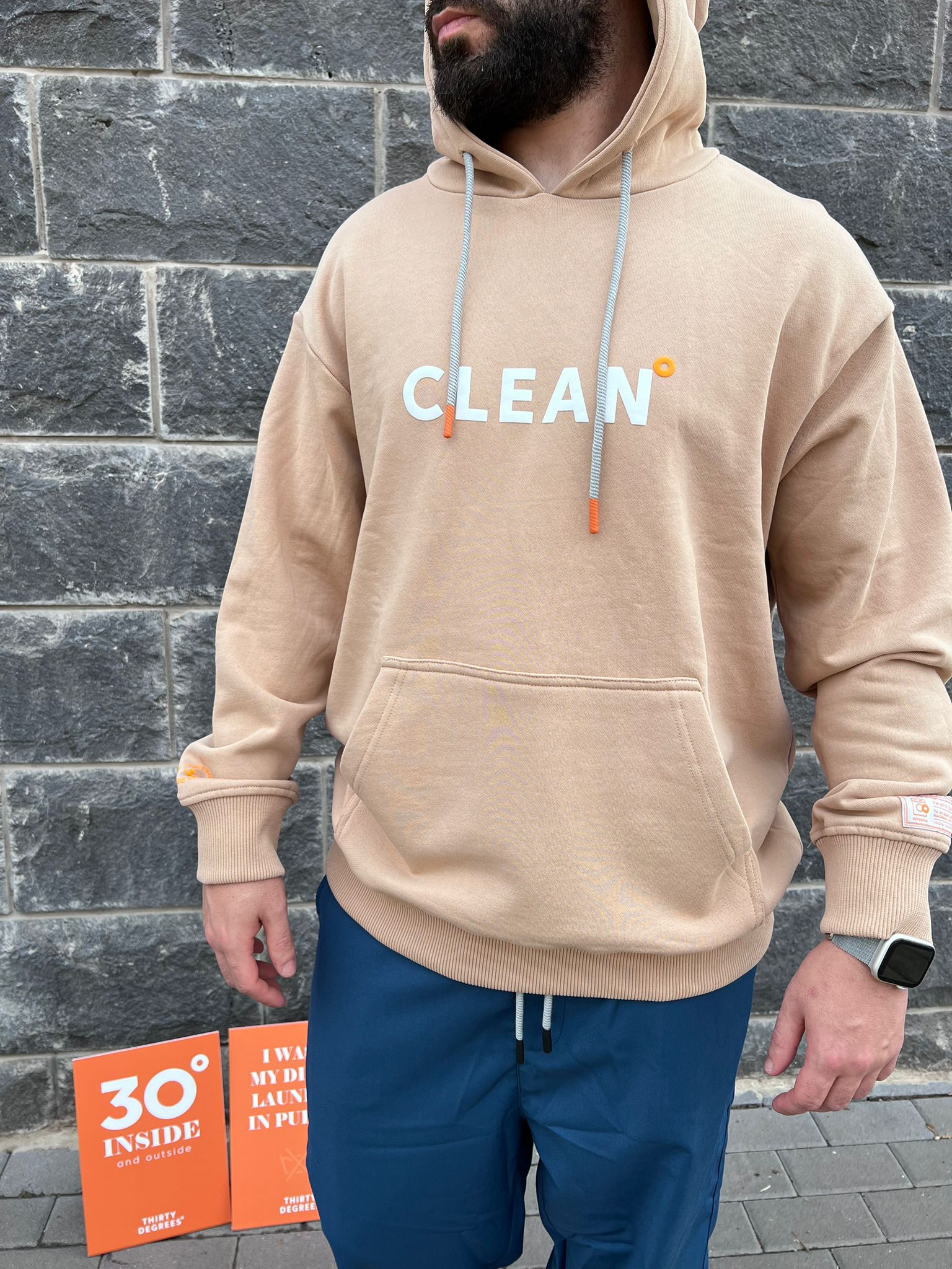 THIRTY DEGREES - SWH 1012 קפוצ'ון   MEN OVERSIZE HOODIE BRAIN WASHED