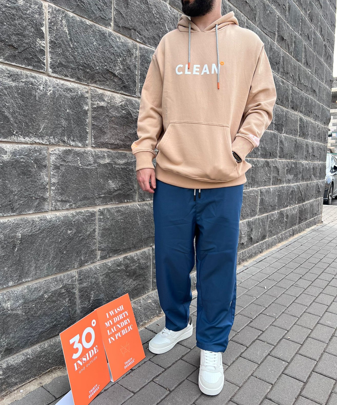 THIRTY DEGREES - SWH 1012 קפוצ'ון   MEN OVERSIZE HOODIE BRAIN WASHED