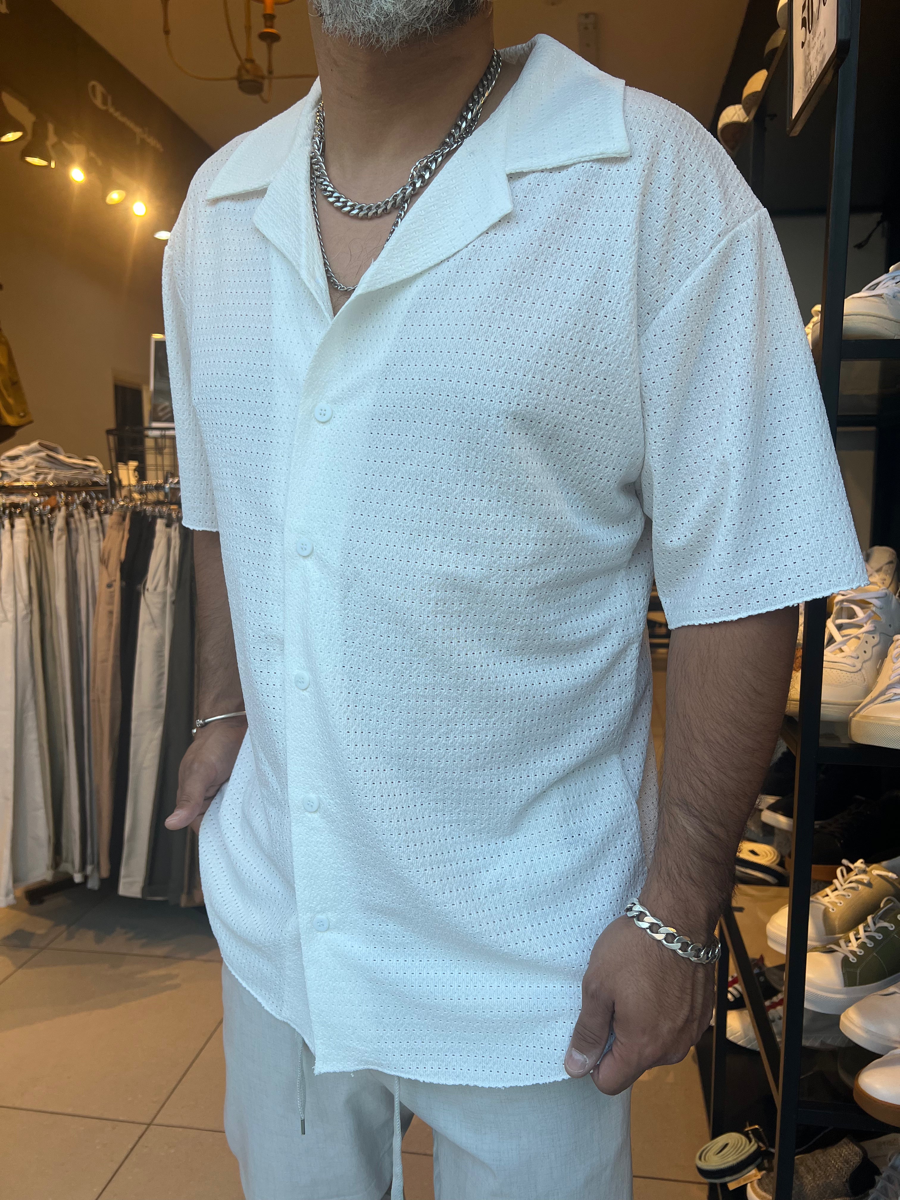 דה לוקה - מכופתרת מבד רשת בצבע לבן 707304