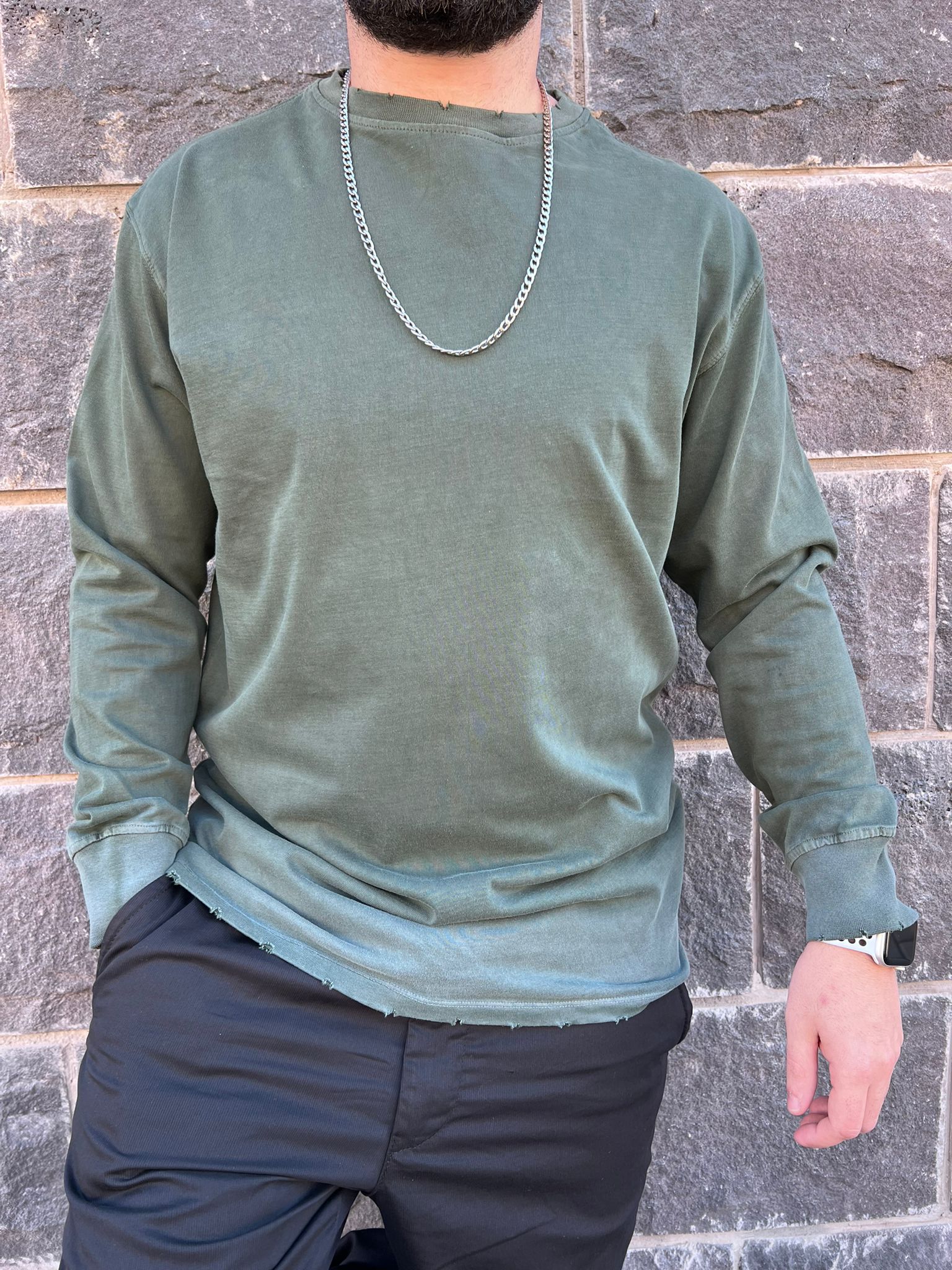 דה לוקה - טי וואש אוברסייז שרוול ארוך בצבע ירוק 7100 00