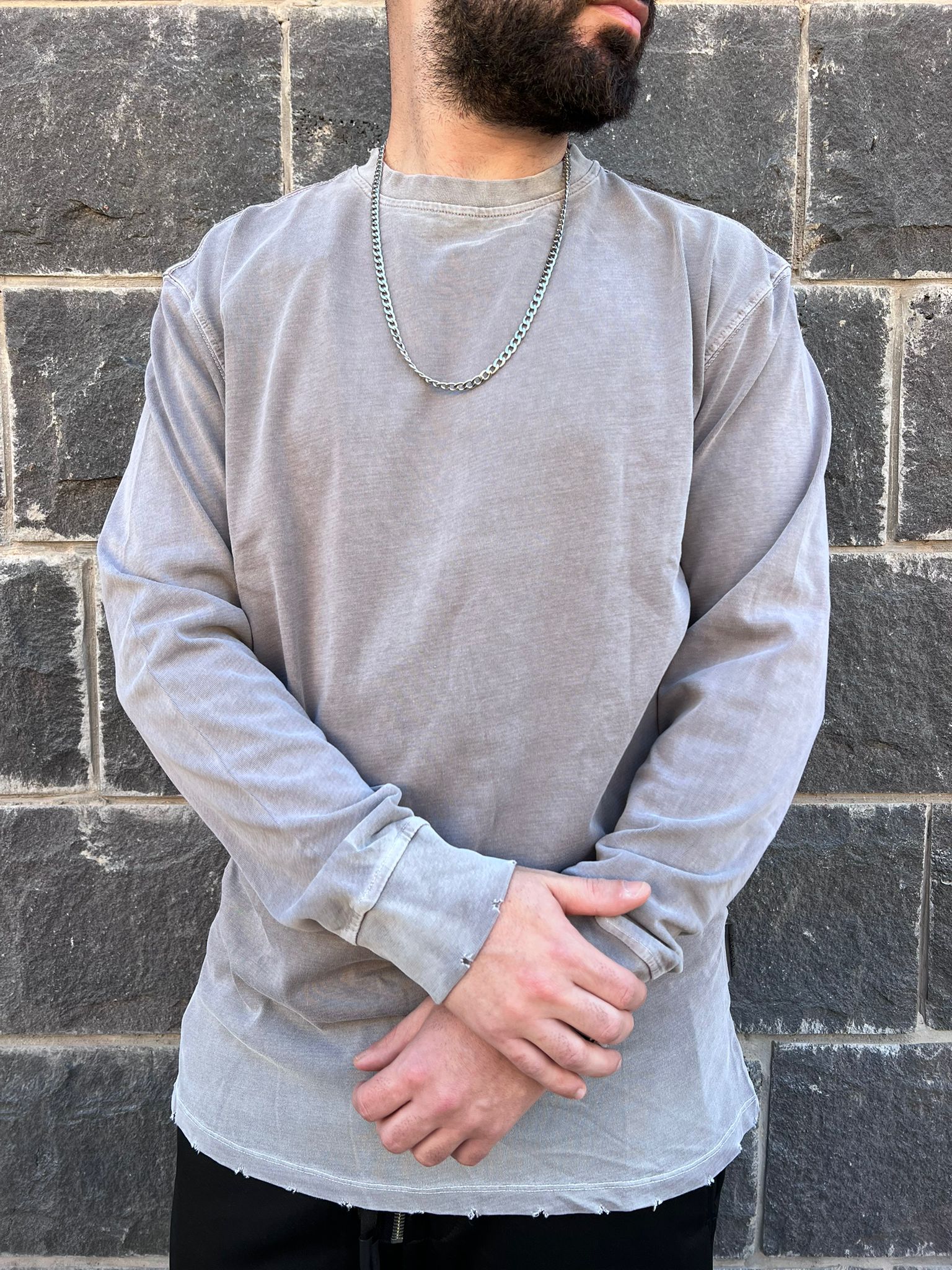 דה לוקה - טי וואש אוברסייז שרוול ארוך בצבע אפור 7100 02